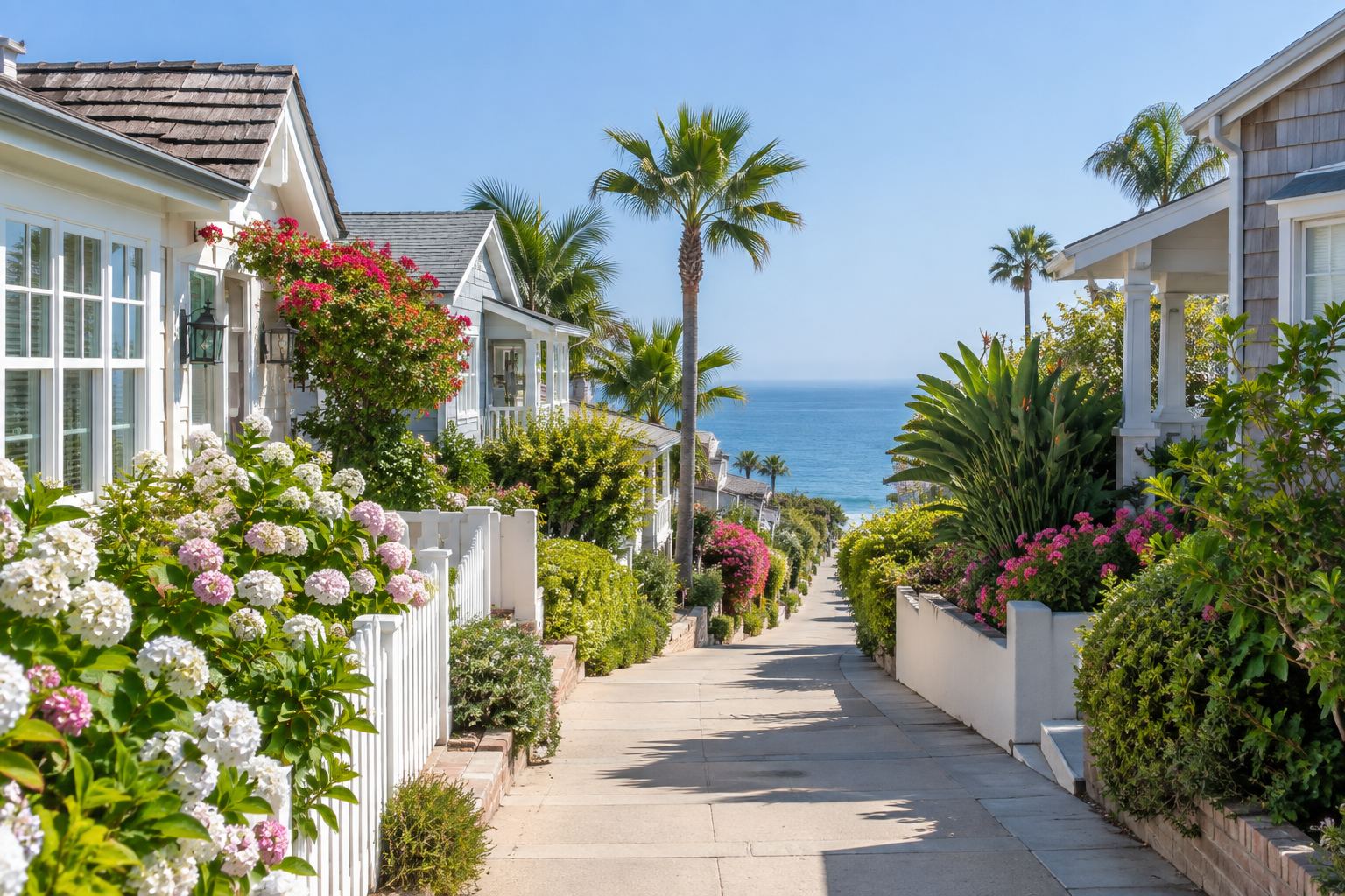 A Corona del Mar residential street at sunset, illustrative