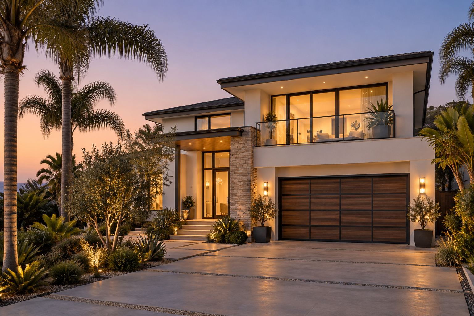 A brick traditional home at dusk, illustrative