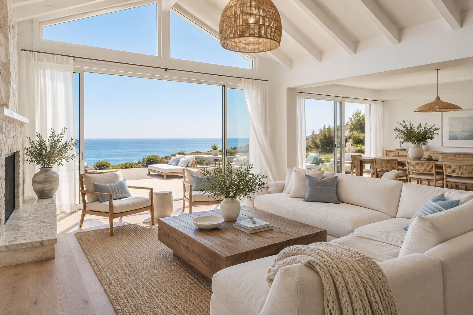 A bright coastal living room, illustrative